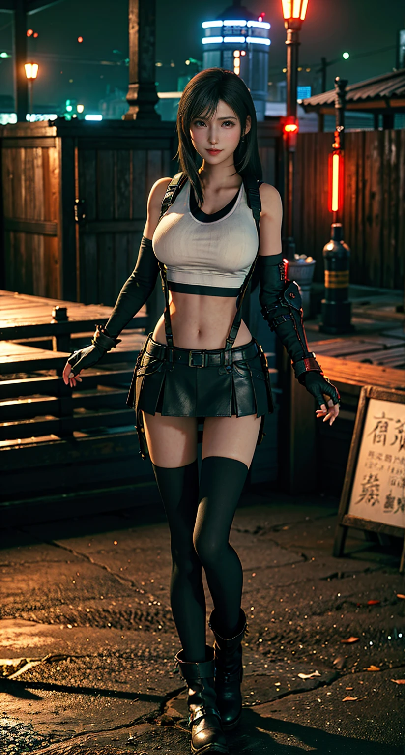 8k,​masterpiece, bset quality,huge tit、（1girl in、tifa lockhart、red_eyes、black hair、long hair、Flapping hair， Adult beauty、shinny skin、Shiny big)、 ((top-quality))、 Crisp focus:1.2、Highly detailed facial and skin texture、A detailed eye、face perfect、perfect bodies、art by、CG、Blur the background、Big breasts with a strong presence、（20yo,Mature cool and beautiful face、elongated eyes）、wear ((Suspender Black Skirt)),(( Black Elbow Gloves,White taut shirt、Thigh、white tank tops、Ankle Boots、Red boots、a navel、red blush))、jukebox、Old bar、upper body、a smile,Professional-looking light source、Fluttering hair、Random angles、 Low waist，thick thight、face lights， Cinematographic lighting、Midgar、eating at the counter、looking at viewert