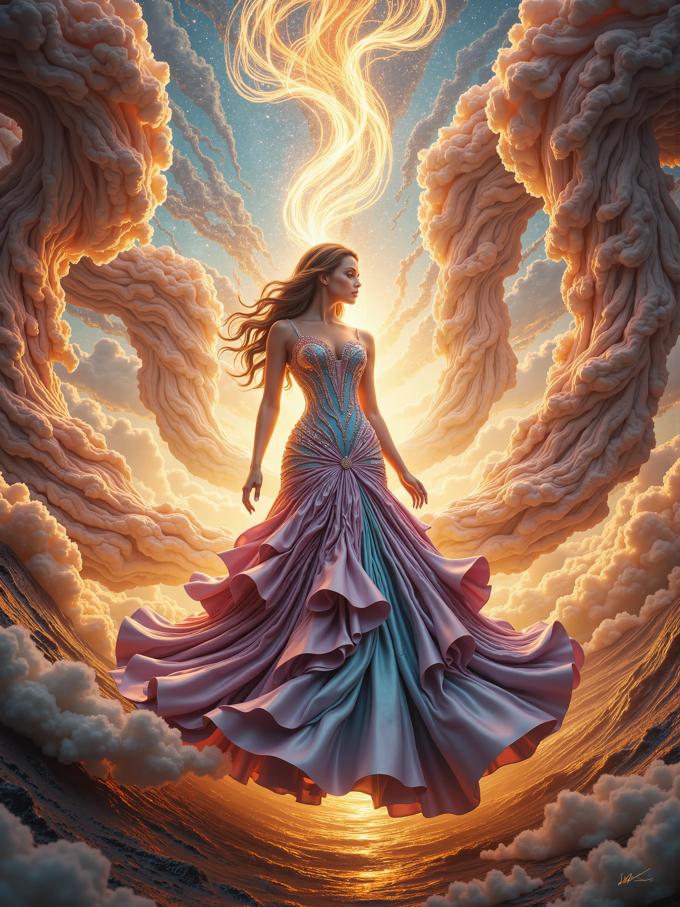 A woman in a mermaid style dress with a bright background of swirling light and energy comes into the dress, GJGJAA, and the viewer will be seen in the sky. Ultra-realistic, photo-realistic, ultra-detailed, realistic, realism, UHDR, hyperrealistic, 3D Rendering, 8K, highres, startling, Glowing Light, reflecting light, twisting with distorted energy, cinematography, ultra attractive model, and a flared style mermaid style full-length gown with a fitted bodice and a silk and satin skirt that can be seen here in circumference larger than usual. Let the background run crazy with energy, clouds, and swirling colored lights. 3D rendered, cinematic, realistic, hyperrealistic, and ultra-surrealism.