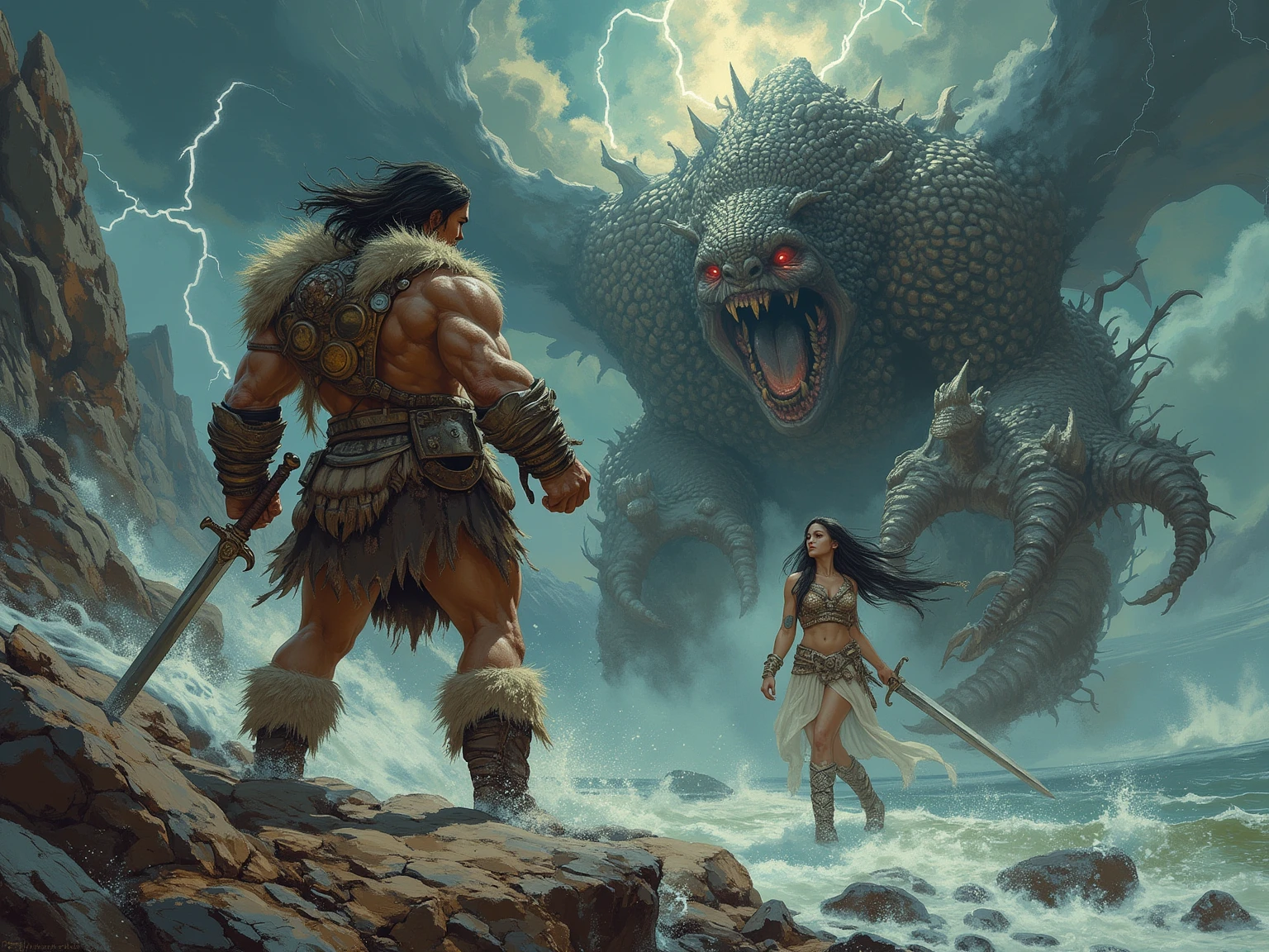 Demi Rose beautiful female figure in front, The scene is highly detailed,this is a story in the style comix, giant bear with two heads and large teeth,she puts herself in a fighting position, she fights the bear with a sharp spear, several fight scenes, with characteristics of the character and the fixed bear, she wears torn and dirty jeans,  gorgeous and soon straight black hair, voluminous and gorgeous lips, hostiu, stony environment inside a forest,The lighting is soft and soft, with soft shadows projected on your skin