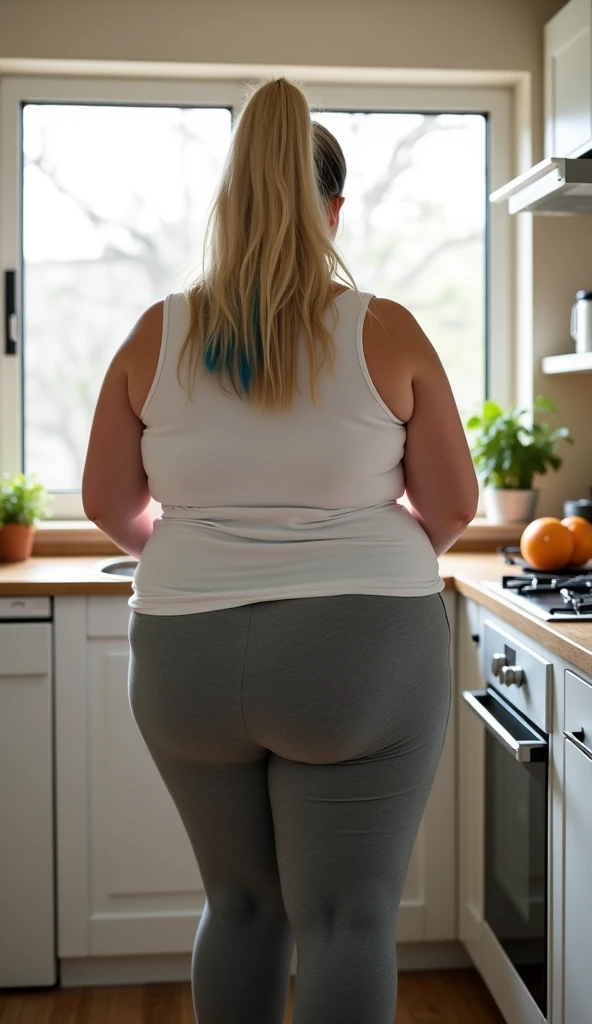 woman in red shirt and white pants standing in kitchen preparing food, insanely inflated hips, yellow panties sticking out of pants, lower back, yellow panties, toned derriere, cooking it up, shot from the back, wearing a baggy pajamas, smallest waistline ever, wearing wheat yellow gauze, his back is turned, trout in pants