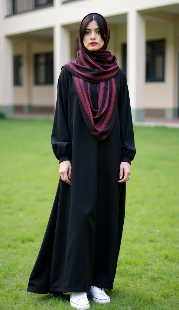 A beautiful Asian girl in a long hijab with tight and clearly visible breasts, With dark colored clothes, was Hugging herself , and good quality images