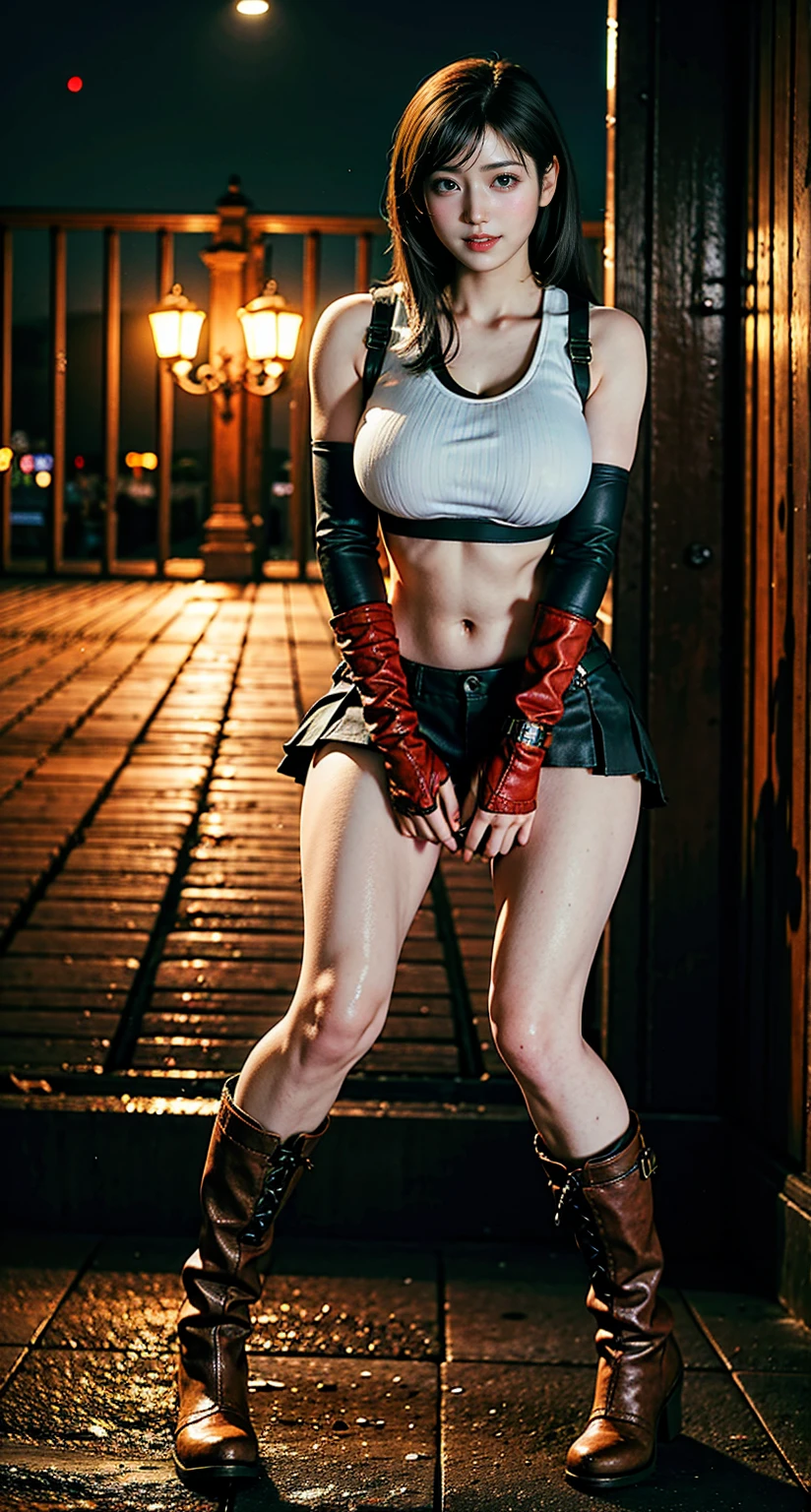 A girl with short wavy blonde hair , (blonde and red streaks) , blue eyes , light smile, gorgeous face , 18 years old , red hairband, (ultra shiny red ripped latex pants), (open fly), (white t-shirt with exposed shoulders) , (abs) , black choker , (( black latex arm sleeves )) , (slim figure , average breast) , exposed thong, navel piercing, ((vulva tattoo)), ((red belt)), ((waist belt)), ((triple hip chain)), slender, city at night , Neon lights, cameltoe, sitting with legs spread, longing gazing hungry sexy facial expression, arms behind back, hands not visible