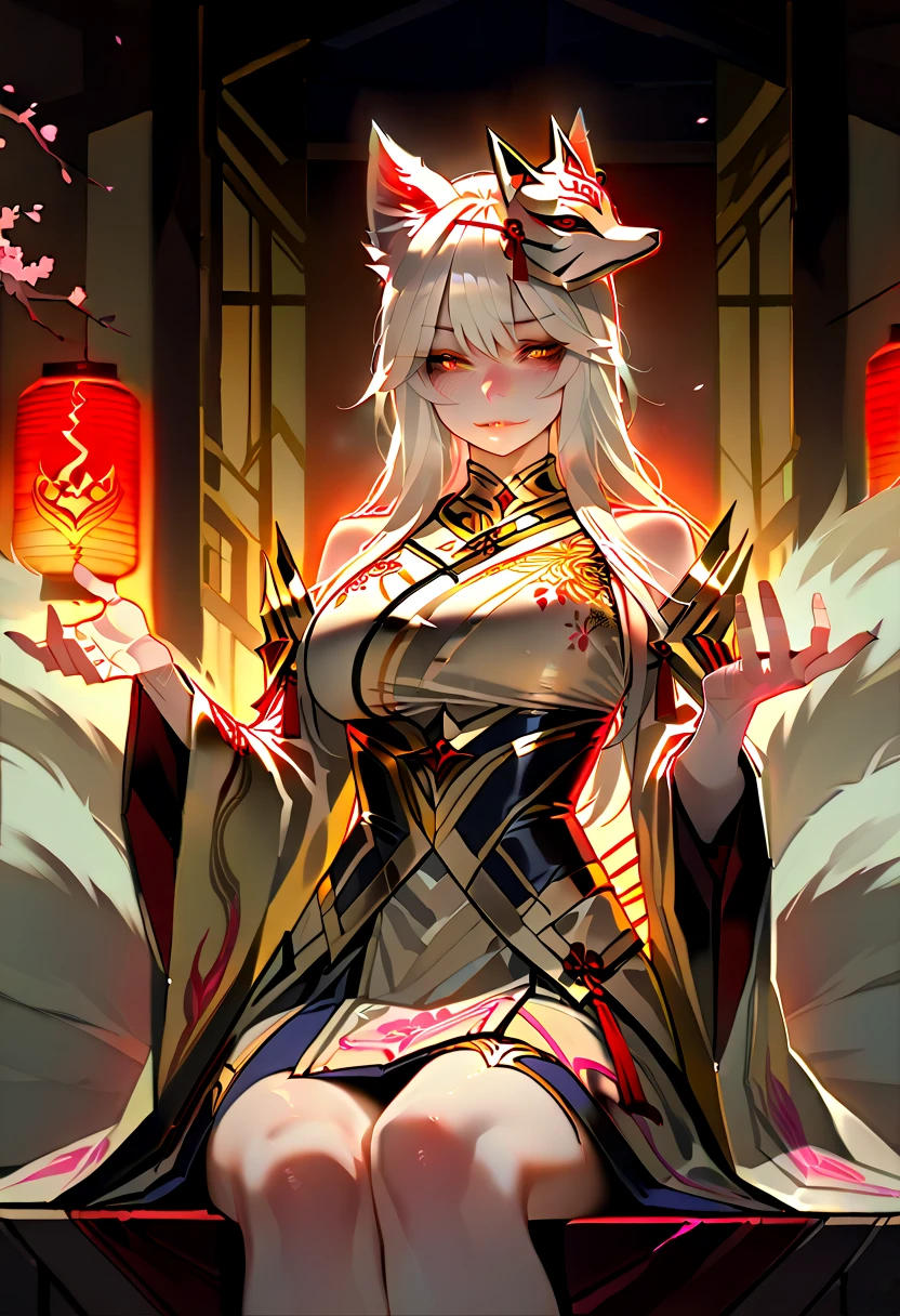 Fox Girl, adorned with a nine-tailed fox’s tail, stands boldly in an open frame. Kimono-clad, the art piece created by Iwata Toshiya and Tanaka Hiroshi, boasts a resolution of 8K. The renowned artist, Okuyama, collaborated with Kurosawa Kenji for its conceptualization. The fox girl's body, accentuated by the kimono's open chest, showcases a dominant, naughty アヘface with an emphasis on cleavage, revealing just enough bare skin to tease the viewer. The fox makeup and fox ears adorn her striking face,