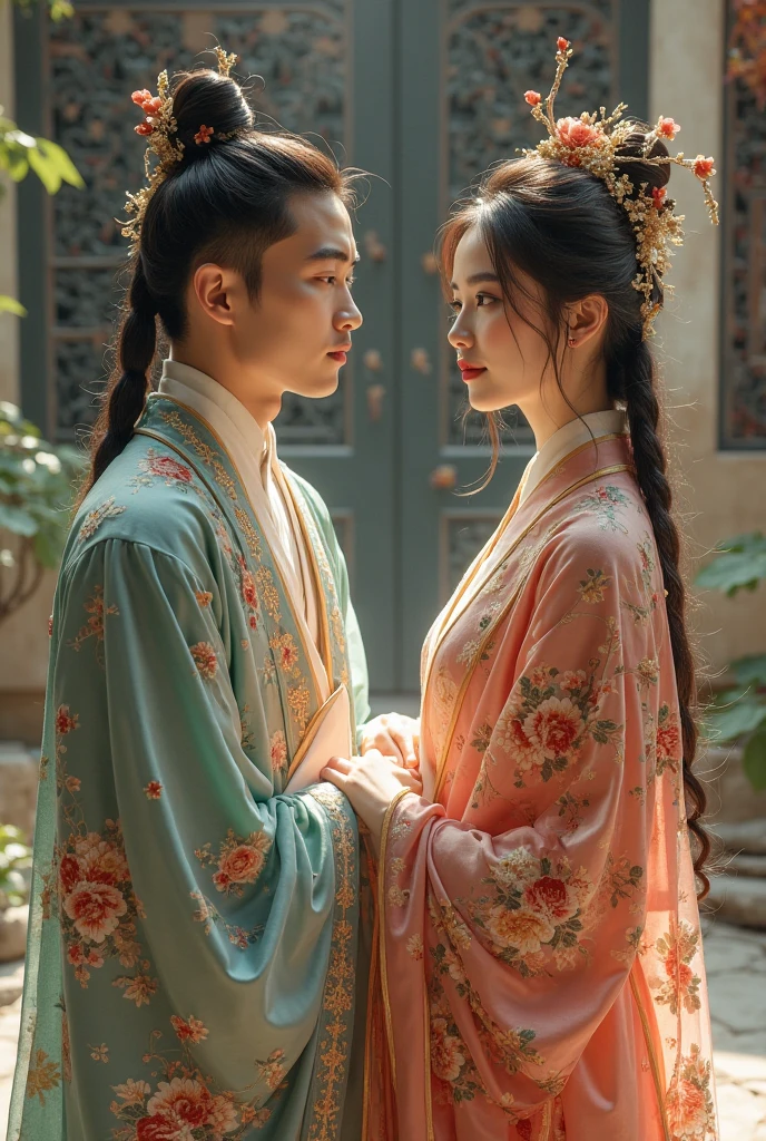 ((Highest quality)), ((masterpiece)), (detailed), (Perfect Face)、The woman is the beautiful Japanese woman, Satomi Ishihara, with large breasts and excellent proportions. She has her medium-long hair tied up and is wearing a luxurious wedding Hanfu with gold embroidery and trim, gorgeous accessories, and an engagement ring.、A woman is passionately embracing, kissing and making love to a handsome and dignified elderly Chinese man in a luxurious Chinese palace.