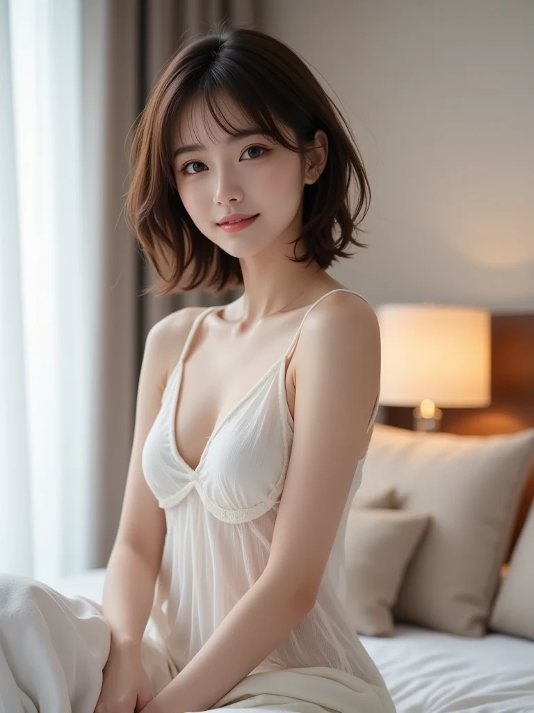 masutepiece, best quality, illustration, super detailed, high resolution, great detail, 8K wallpaper, perfect dynamic composition, beautiful detailed eyes, loungewear, mid chest, natural color lips, random sexy pose, smiling, relaxing at home, 20 year old girl, bob hair, short hair