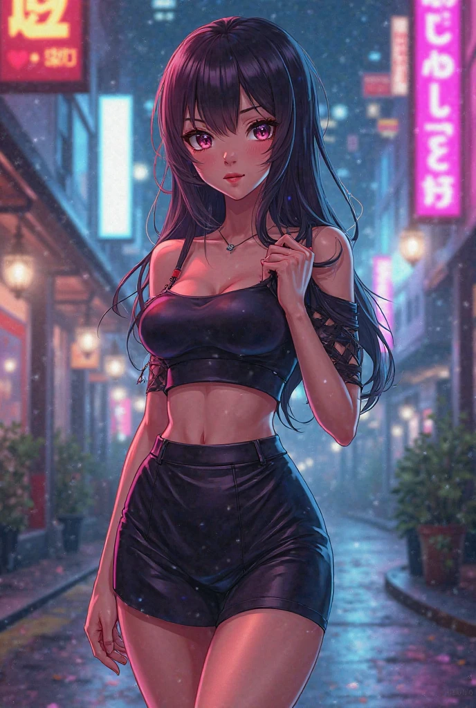 anime girl, 16 years, standing and crouching towards the viewer, huge breasts, grin, open skirt, top neckline, cyberpunk futuristic world