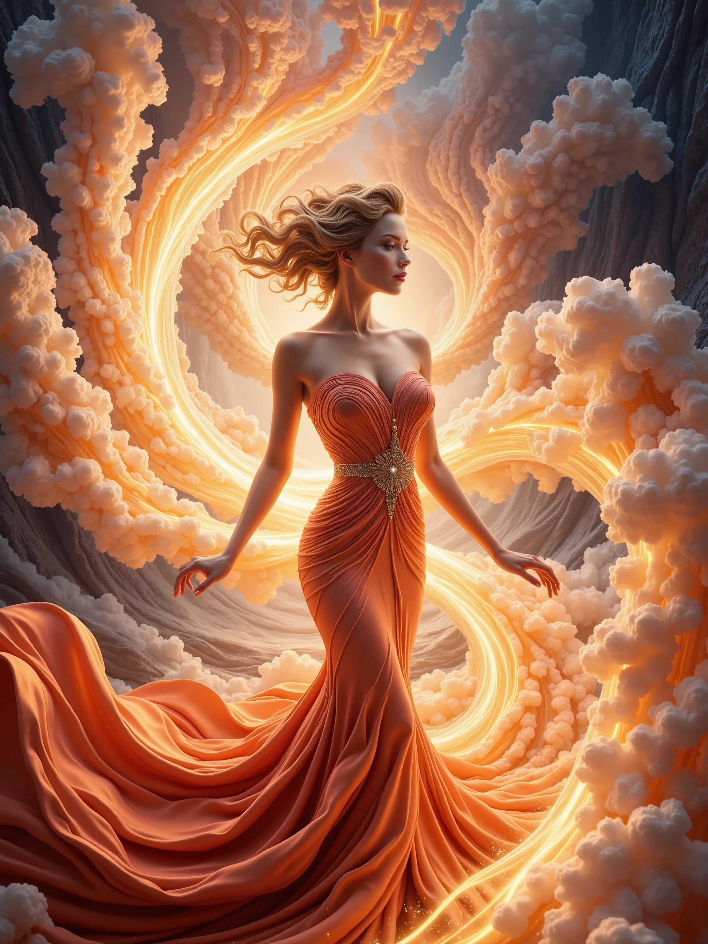 A woman in a mermaid style dress poses with a bright background of swirling light and energy that comes into the dress, GJGJAA, and into the woman and then flows back out stronger and brighter than before. Ultra-realistic, photo-realistic, ultra-detailed, realistic, realism, UHDR, hyperrealistic, 3D Rendering, 8K, highres, startling, Glowing Light, reflecting light, twisting with distorted energy, cinematography, ultra attractive model, and a flared style mermaid style full-length gown with a fitted bodice and a silk and satin skirt that can be seen here in circumference larger than usual. Let the background run crazy with energy, clouds, and swirling  colored lights. 3D rendered, cinematic, realistic, hyperrealistic, and ultra-surrealism.