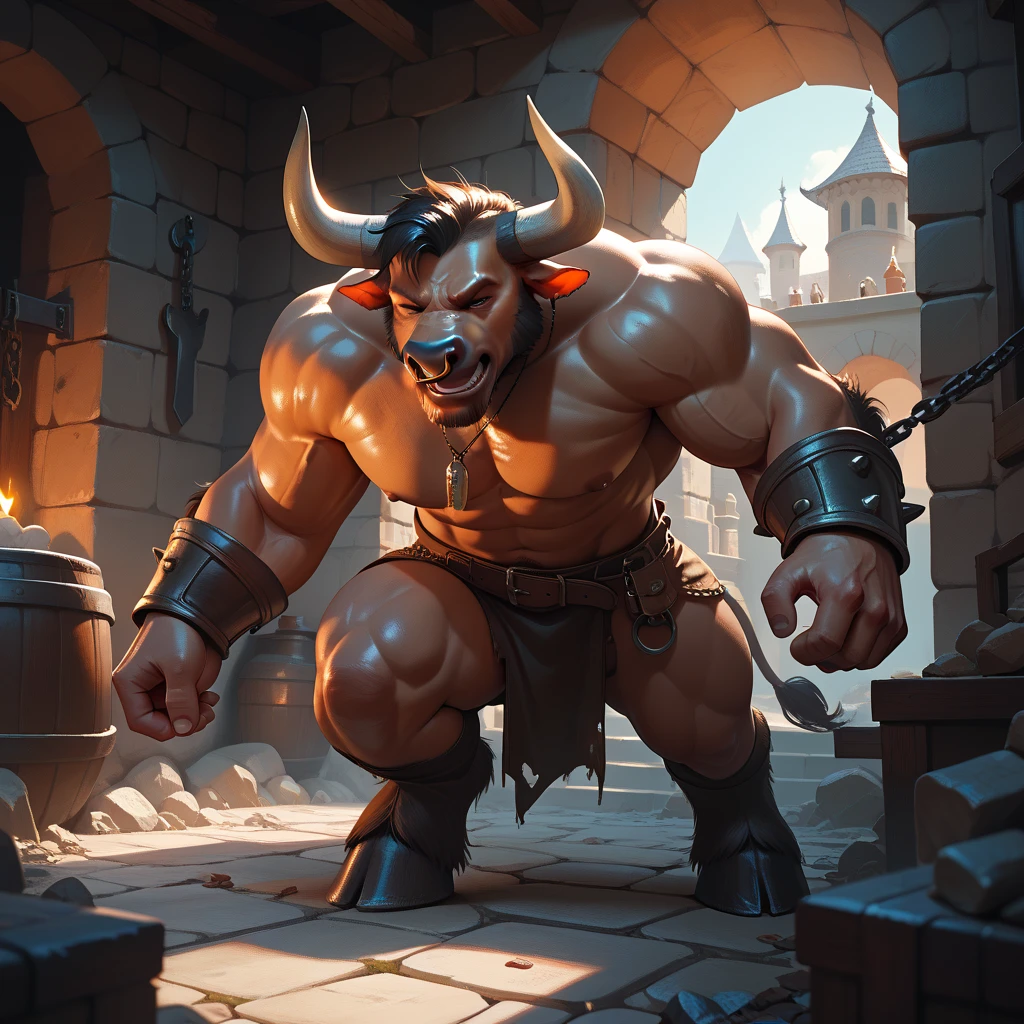 (black minotaur,strong muscles),illustration,detailed features,dark atmosphere,vivid colors,strong shadows,ethereal lighting