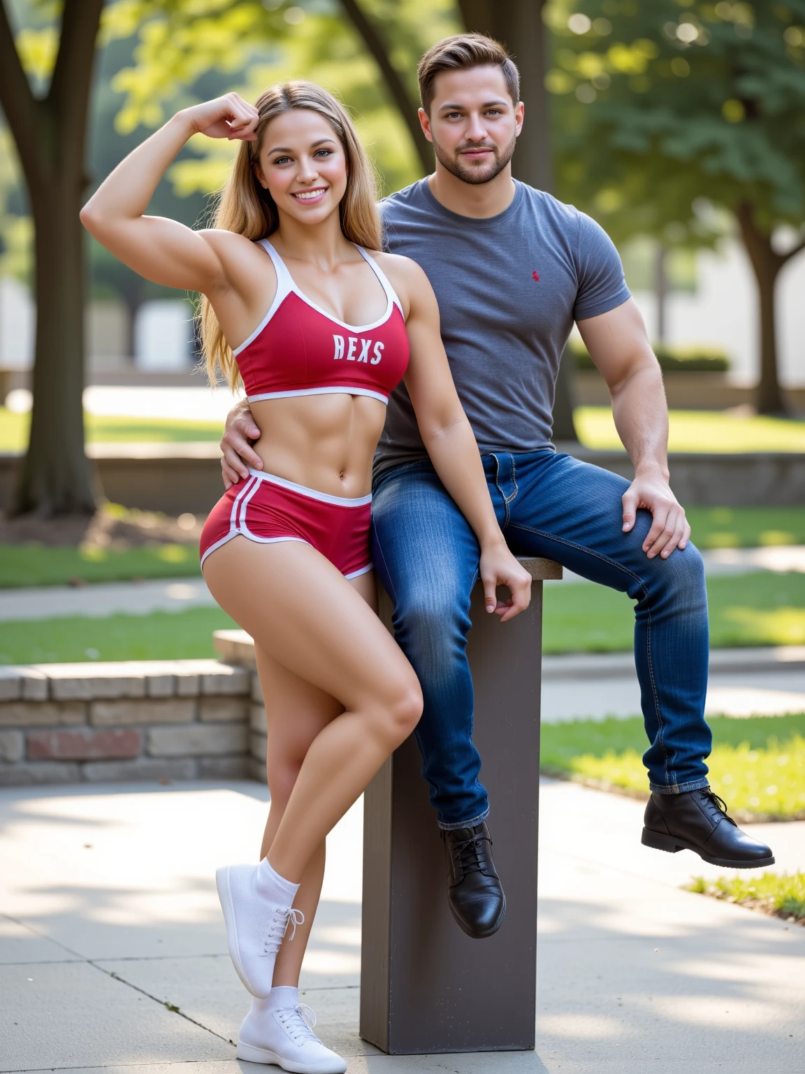 showing full body, showing knees, showing head,  super cute 16yo girl and 17yo guy with arms around eachother, happy, very young, fit , athlete , girl has huge  boobs, guy is muscular, both have very long hair, wearing tiny g-string, guy has underwear bulge, guy has white underwear