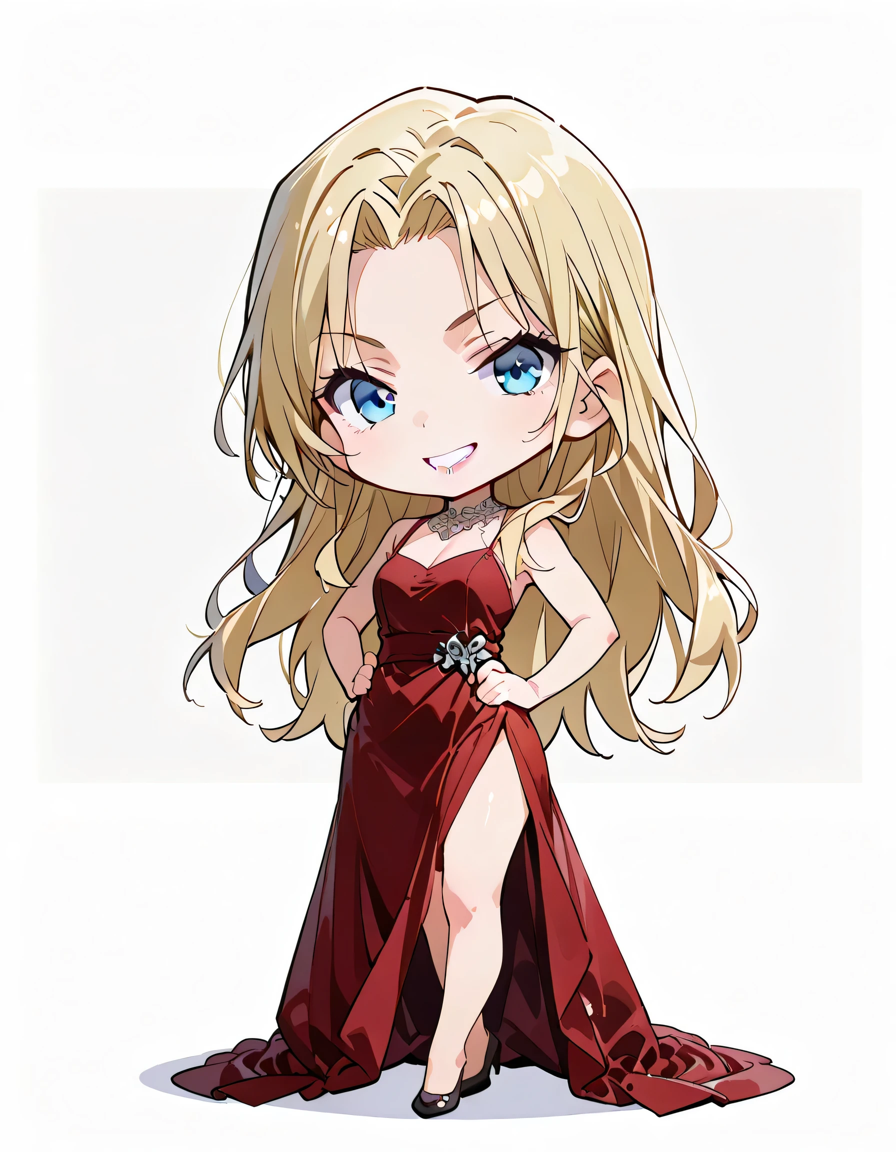 (chibi,fullbody),(dynamic standing pose),looking at viewer:1.3,solo,Vermouth,long hair,blonde hair,natural cosmetic,adult female face,purple full lips,pride,blue eyes,red dress,nice legs,grin,soft lineart,(white color background)