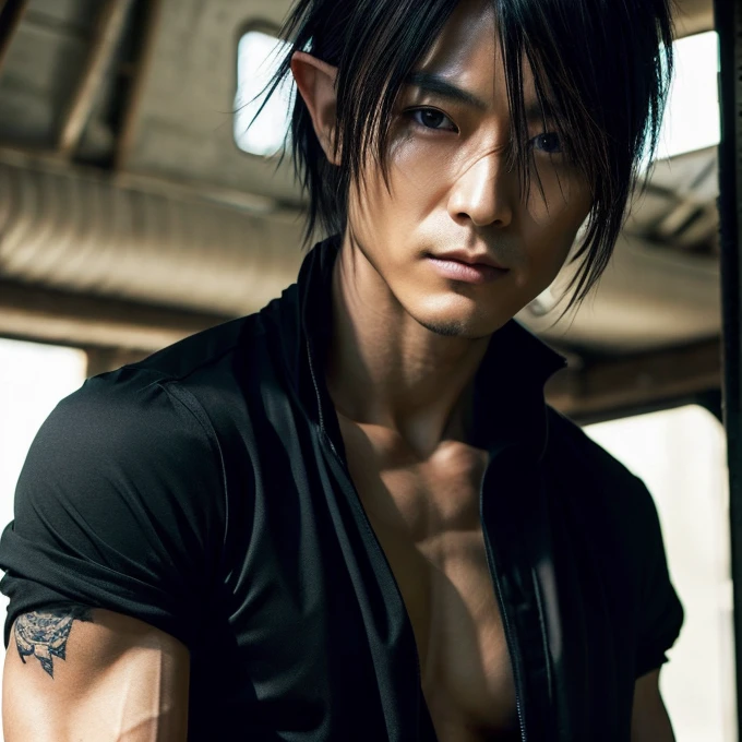Male elf, handsome,asian, short hair, cute, pointed ears, wood elf, bowman, pull the bow, pull the bow, shooting bow, action pose, arrows, quiver, leather belt, chest guard, arm guard, shirtless, boots, full body,(Absurdres, intricate details, masterpiece, best quality, high resolution, 8k),(18 year old boy ,(pleased, pleasure face , blush, horny smirk, forest background, big bulge, nsfw , (natural tone photo) , ultra reality , ultra photorealism , ((unrealistic wide hips , unrealistic wide pelvis))