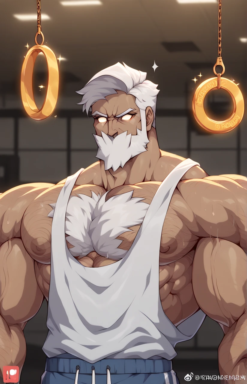 masterpiece, best quality, very aesthetic, absurdres, 1boys, old man, solo, silver hair, short hair, slicked back hair, closed eyes, beared, white beared, smile, open mouth, upper teeth, topless, brawny, fundoshi, cross arms, scar, looking at viewer, cowbly shot
