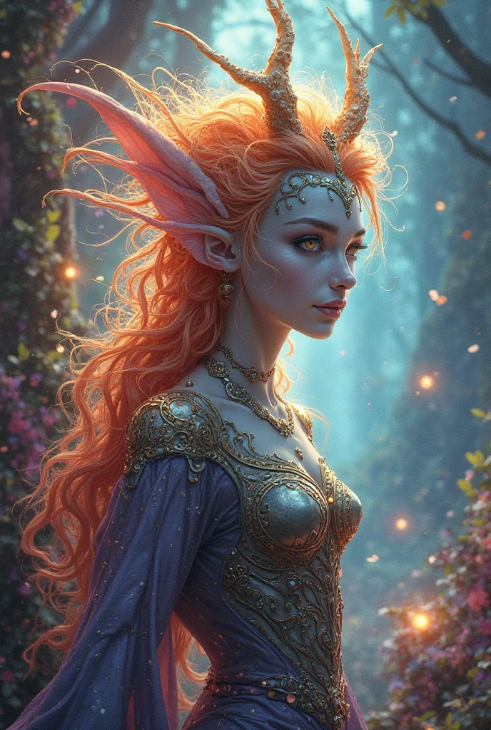 Portrait of a girl with fox ears wearing a golden gossamer twinkling gown, up close, 8k, high quality, golden sparkling lighting, hair in a messy bun, beautiful dark fantasy forest background, DarkFantasy