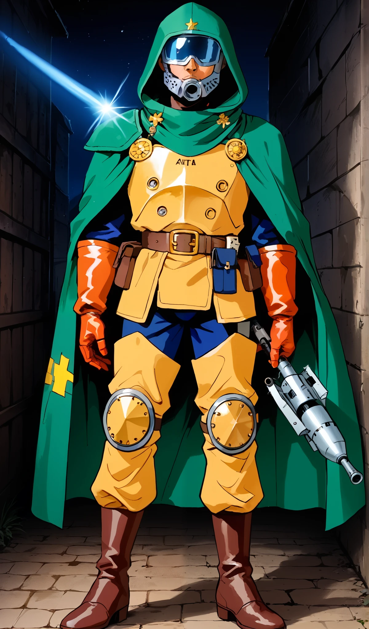 Drawn in 80’s anime art style. 
Retro anime. Vintage Anime. Classical Anime. 

The outfit is a highly recognizable and iconic superhero suit, primarily black and a little green, designed for both style and functionality. Here’s a detailed breakdown of its elements:

This person’s combat attire is a fusion of medieval warlord aesthetics, cutting-edge technology, and dark sorcery. He wears a cold, expressionless metal mask fused to his scarred face, paired with a reinforced helmet for added protection. His titanium alloy armor, sometimes infused with vibranium, grants superhuman strength, energy projection, and force field generation, making him nearly indestructible. Over this, he dons a fire-resistant green cloak and hood, often enchanted for extra defense. His gauntlets and boots contain built-in electrical weapons, jet propulsion for flight, and shock-absorption systems. A utility belt holds advanced gadgets, anti-magic tools, and teleportation devices, while his armor is infused with sorcery, allowing him to resist and counter magical attacks. His regal golden clasps, bearing the Latverian insignia, sometimes function as power sources or communication devices. This fearsome combination of strength, science, and sorcery makes them an unstoppable force on the battlefield.

This outfit not only provides protection but also enhances the Superhero’s combat capabilities, making them an effective and stylish anti-hero.