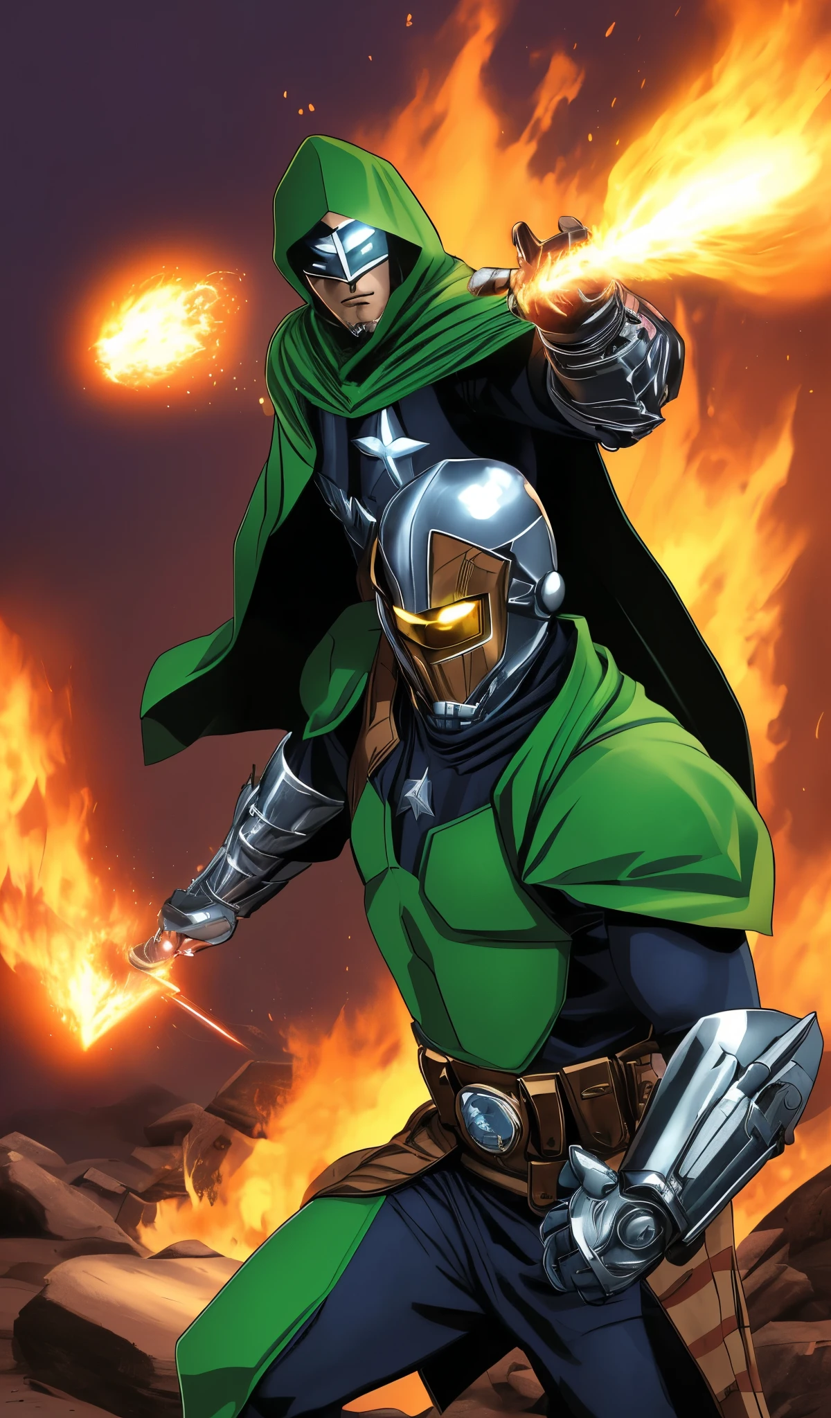 Drawn in 80’s anime art style. 
Retro anime. Vintage Anime. Classical Anime. 

The outfit is a highly recognizable and iconic superhero suit, primarily black and a little green, designed for both style and functionality. Here’s a detailed breakdown of its elements:

This person’s combat attire is a fusion of medieval warlord aesthetics, cutting-edge technology, and dark sorcery. He wears a cold, expressionless metal mask fused to his scarred face, paired with a reinforced helmet for added protection. His titanium alloy armor, sometimes infused with vibranium, grants superhuman strength, energy projection, and force field generation, making him nearly indestructible. Over this, he dons a fire-resistant green cloak and hood, often enchanted for extra defense. His gauntlets and boots contain built-in electrical weapons, jet propulsion for flight, and shock-absorption systems. A utility belt holds advanced gadgets, anti-magic tools, and teleportation devices, while his armor is infused with sorcery, allowing him to resist and counter magical attacks. His regal golden clasps, bearing the Latverian insignia, sometimes function as power sources or communication devices. This fearsome combination of strength, science, and sorcery makes them an unstoppable force on the battlefield.

This outfit not only provides protection but also enhances the Superhero’s combat capabilities, making them an effective and stylish anti-hero.