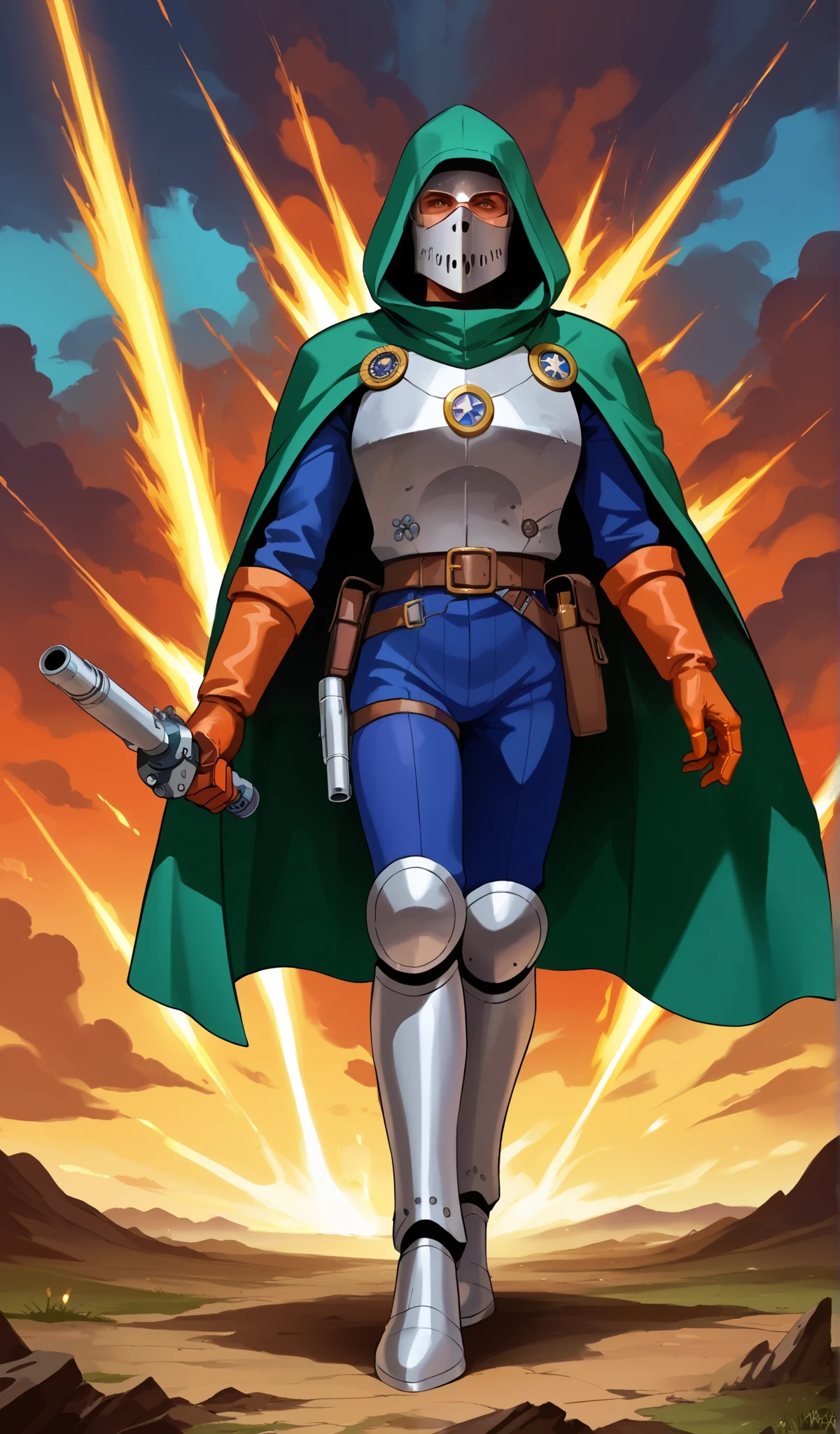 Drawn in 80’s anime art style.
Retro anime. Vintage Anime. Classical Anime.
The outfit is a highly recognizable and iconic superhero suit, primarily black and a little green, designed for both style and functionality. Here’s a detailed breakdown of its elements:
This person’s combat attire is a fusion of medieval warlord aesthetics, cutting-edge technology, and dark sorcery. He wears a cold, expressionless metal mask fused to his scarred face, paired with a reinforced helmet for added protection. His titanium alloy armor, sometimes infused with vibranium, grants superhuman strength, energy projection, and force field generation, making him nearly indestructible. Over this, he dons a fire-resistant green cloak and hood, often enchanted for extra defense. His gauntlets and boots contain built-in electrical weapons, jet propulsion for flight, and shock-absorption systems. A utility belt holds advanced gadgets, anti-magic tools, and teleportation devices, while his armor is infused with sorcery, allowing him to resist and counter magical attacks. His regal golden clasps, bearing the Latverian insignia, sometimes function as power sources or communication devices. This fearsome combination of strength, science, and sorcery makes them an unstoppable force on the battlefield.
This outfit not only provides protection but also enhances the Superhero’s combat capabilities, making them an effective and stylish anti-hero.