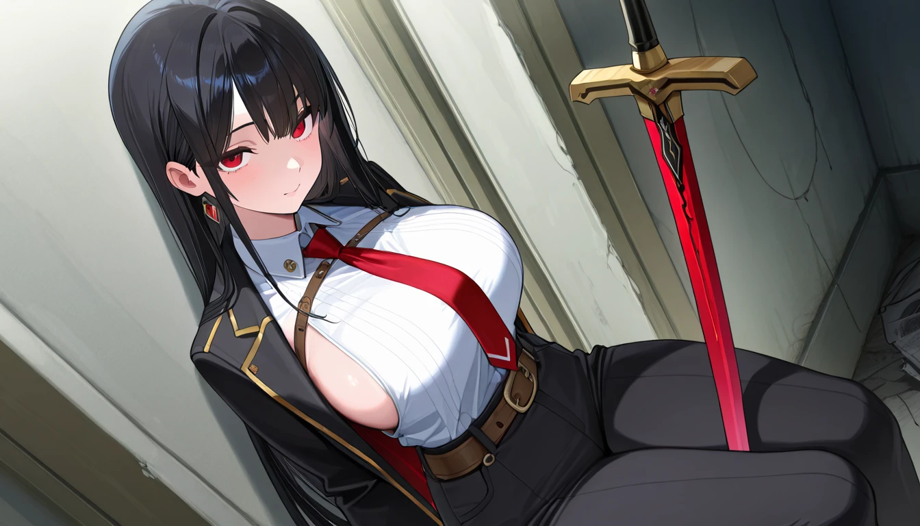 (hews art style:0.7), (hero neisan art style:0.7), score_9, score_8_up, score_7_up, score_6_up, score_5_up, score_4_up, uncensored, shizuka hiratsuka, long hair, black hair, black eyes, BREAK (masterpiece:1.2), best quality, high resolution, (detailed eyes:1.3), perfect lighting, (perfect hands, perfect anatomy), large breasts, sword, breasts, katana, 1girl, gloves, katana, animal_ears, pantyhose, cleavage, elbow_gloves, sheath, sitting, large_breasts, sheathed, bare_shoulders, solo, white_gloves, looking_at_viewer, black_legwear, holding, cleavage_cutout, detached_collar, sleeveless, seductive smile, stray hair, veiny breasts, ripped clothes, upper teeth only,