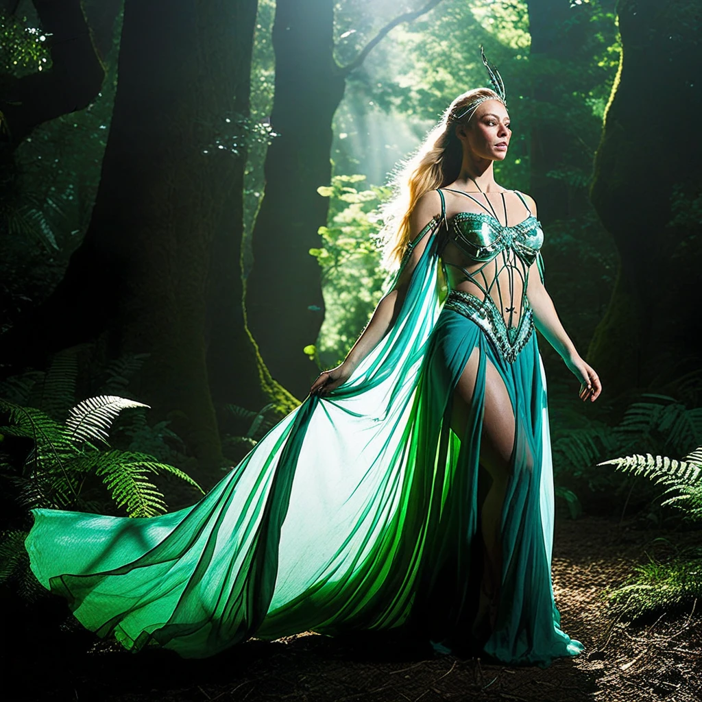 (Emma Watson) 
(((Sexy Slave, Jabba The Hut))), (star wars) red slit slave leia dress, enchanted forest at twilight, ethereal light filtering through ancient towering trees, vividly detailed lush undergrowth, mystical creatures lurking in the shadows, sparkling fairy lights weaving through the foliage, a crystal-clear stream with water so pure it glows, cascading waterfall in the background with magical properties, fantasy wildlife drinking at the water's edge, highly detailed, photorealistic textures on every surface