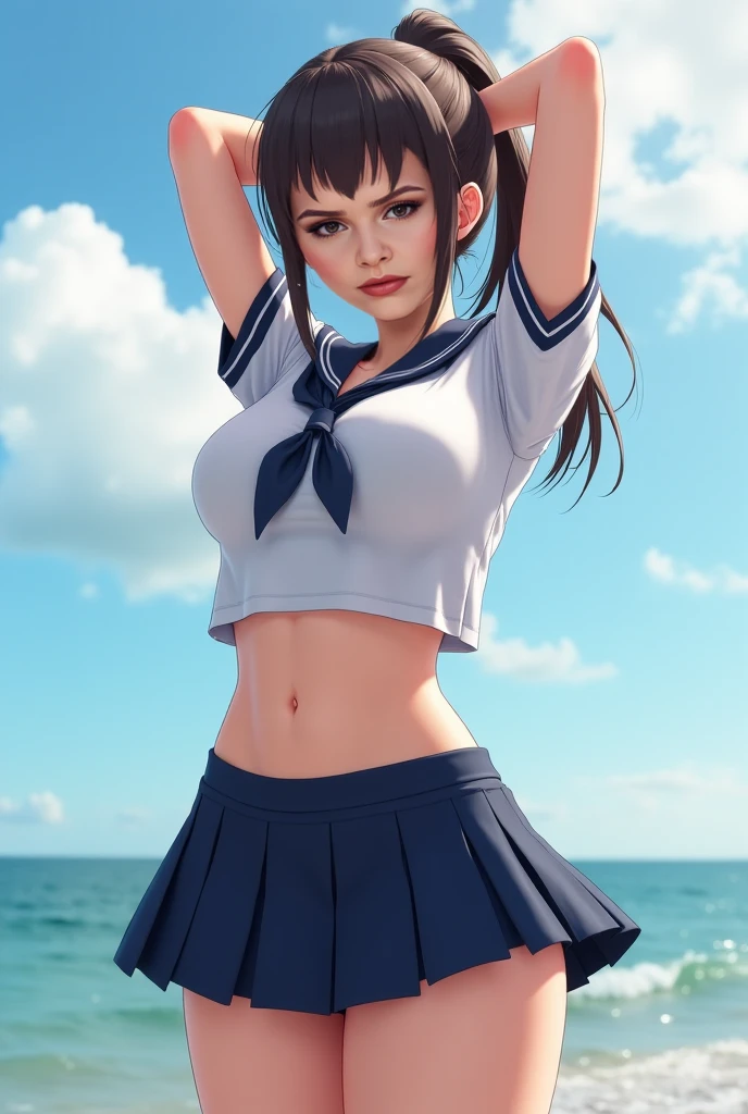(cabello despeinado), (illustration), retrato, (fondo de ciudad futurista), (arms behind back), Cintura delgada, gran sonrisa, ojos detallados, abdominales fuertes, chica delgada, strong abs, muscle girl, front pose, big thighs, focus on face, big nude chested, large city background, blue hair, sailor uniform, skirt, sit on rock
