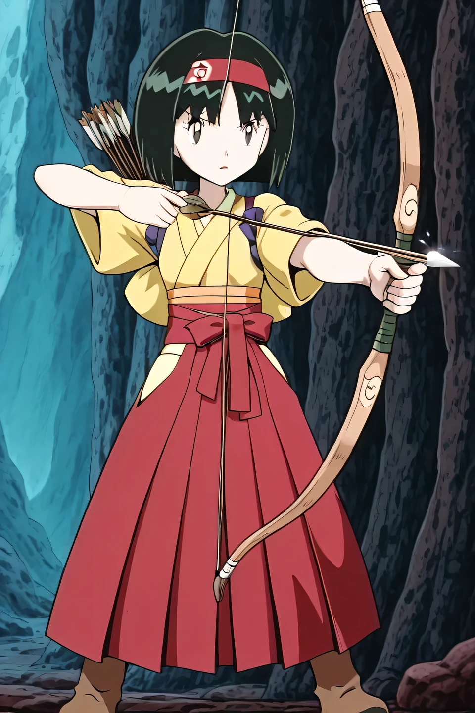 Erika_(pokemon), 1girl, solo, bob_cut, short_hair, black_hair, parted_bangs, hairband, red_hairband, grey_eyes, eyelashes, japanase_clothes, kimono, yellow_kimono, hakama, red_hakama, hakama_skirt, tasuki, short_sleeves, boots, brown_boots, determined, full_body, beautiful_detailed_eyes, masterpiece, best_quality, intricate_details, absurdres, artist_pokemoa,drawing bow (weapon) , aiming at viwer, arrow (projectile), bow (weapon), holding bow, darwing bow