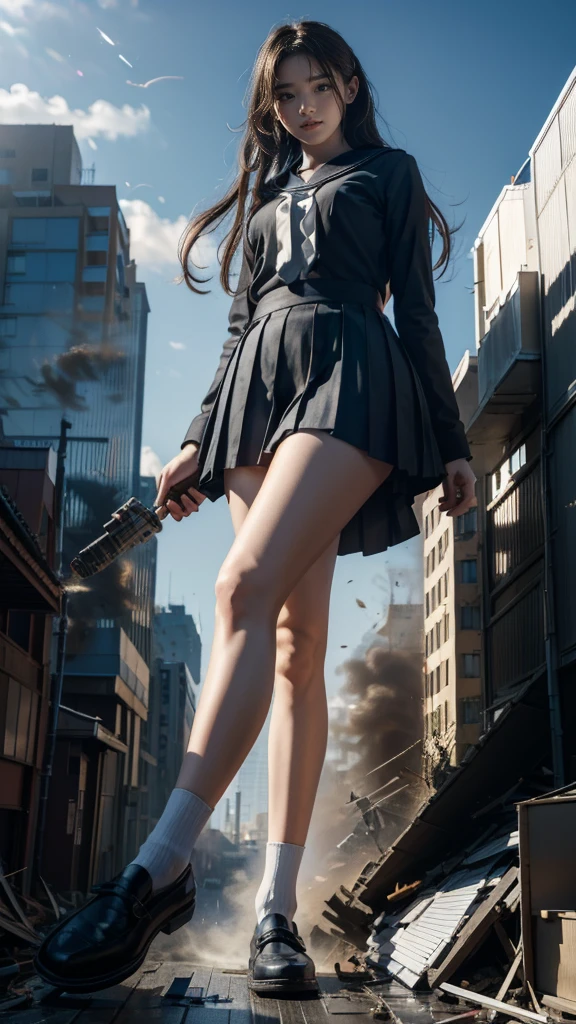 (giant element, high resolution, high quality, accurate body structure, detailed body), Japanese high school girl, sailor suit, towering giant girl, looking up at approaching woman from below, giant attacks city, cute, girl destroying small town, destroying small town, mischievous expression, Japanese language, white skin, smile, trampling buildings, rubble, burning small town, destroyed small building, collapsed highway, car being crushed, evacuation of residents, sunset, burning small town, please, walk, trample, anatomically correct, accurate human body, accurate skeleton, full body portrait, blue eyes, rubble scattered at feet, taller than skyscrapers, big impact, amazing, giantess element, draw woman big, increase destructive element, make city smaller, rampage,