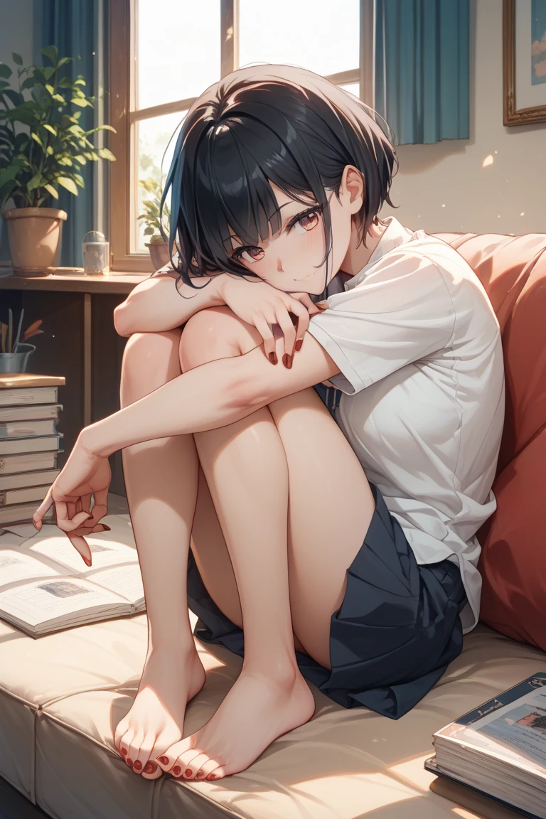 Shy girls, black hair, short hair, brown eyes, white panties, white bracelet, the girl is picking up her glasses from the floor that she dropped, the girl is in a bedroom