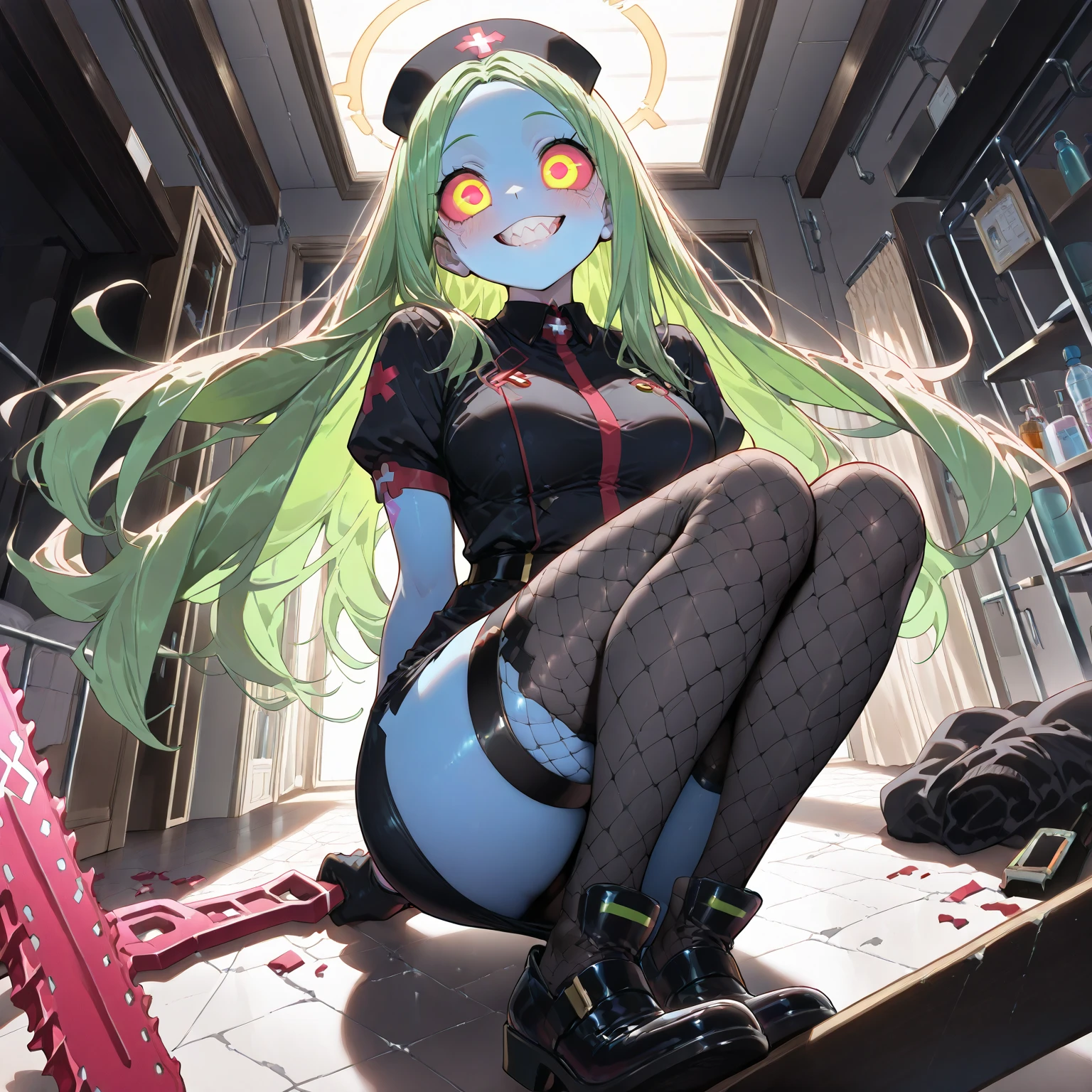 hmanga, (best quality, masterpiece:1.2), ultra detailed, (anime), 1girl, rebecca \(cyberpunk\), twintails, black hairband, mechanical eye, colored sclera, red sclera, colored skin, white skin, leg tattoo, neck tattoo, green hair, red pupils, red eyes, large breasts, lips, nurse, stockings, spread legs, juice pussy, masturbation, bed,