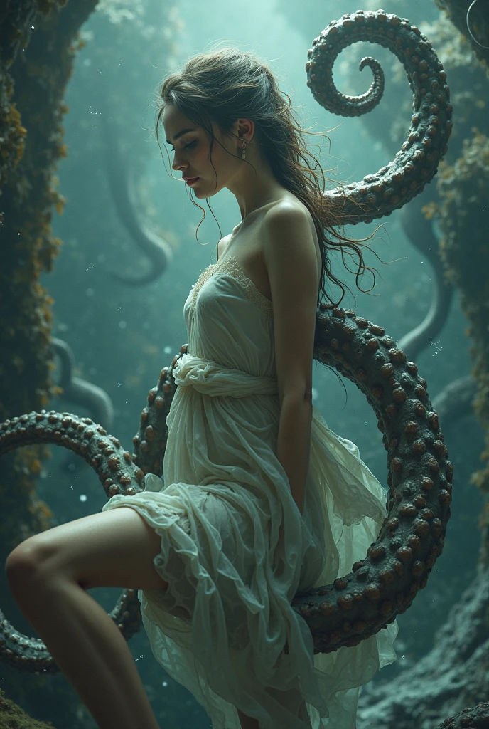 Emma Watson no clothing as; It is humanoid but with a stance of an animalistic creature. The size of the creature is planet defying and its build is that what has no shape or form. The creature has supernatural origins but is also considered a freak mutation. The personally of the creature is awe inspiring. With a lack of cunning skills and a knowledge of good and evil the creature stays confined in a shapeless formless void. Its key physical features are of Emma Watson but with a pair of bigger breasts. Her legs and butt curve ever so smoothly with the rotation of the planet. The head and face of the creature is like Emma Watson has horns growing from her cheeks on her face. The creature shaped like Emma Watson has 2 arms and 2 legs just like Emma Watson except there are tentacles coming out of her back and sprawling across the surface. The creatures skin is as beautiful and as soft and amazing as Emma Watsons Skin. The bone structure and muscle structure resembles Emma Watson. The creature appears to be the age of 30 looking like Emma Watson. Wearing primitive clothing made from leafs. Highlight important parts with lighting, focus on shadows and light on key anatomical or character details, use lighting to direct the viewers eye, , cum, euphoria, squirt,