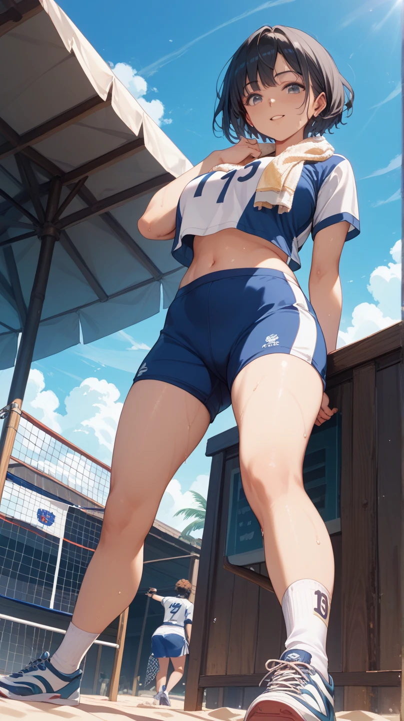 Female Athletes, ((masterpiece, Highest quality, Best image quality, High resolution, Realistic, RAW Photos, 8K)), ((非常に詳細な CG 統合 8K 壁紙)), (Huge and stunning goddess shot, Very hot and sexy, Incredible beauty, Perfect proportions, Beautiful body, Slim body beauty:1.4), Female Athletes on the track, スポーツブラを着用したFemale Athletes, trunks, shoes, Sweaty, White running sweatshirt, Outdoor, On a very hot day, Keep your hands on your hips、stand with feet apart, Look up at the sky, From behind, Amidst enthusiasm and cheers, With the right hands and fingers, Detailed skin and sweat,Showing off pussy、With bangs、From below、(Spread your legs:1.3)、Race number、School name on bib、Company name on bib,Looking straight at the camera