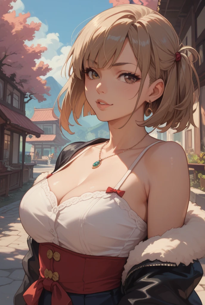 Masterpiece, ultra quality, absurdres, cinematic lighting, Japanese school, schoolgirl, jk outfit, bare shoulders, cleavage, medium breasts, brown eyes, expressive eyes, focused, blonde hair, hair brushed sideways, pigtails, medium hair, hair ribbon, sitting by a window, classroom, earrings, front view, looking at the sky, looking outside, day dreaming, upper body, miniskirt, knee socks