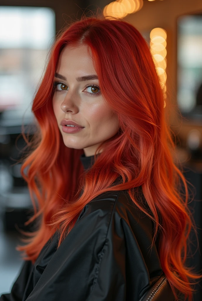 Arafed woman with red hair sitting in a chair in a salon, warm color ...