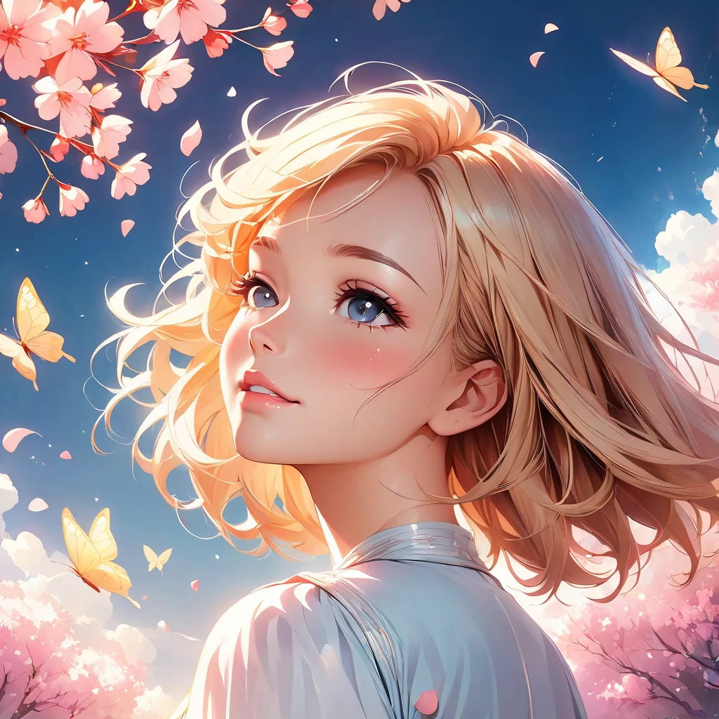 (best quality,4K,8k,high resolution,masterpiece:1.2), The girl in the clouds has hair as fluffy as clouds, tiny stars, fantasy illustrations, Dreamy colors, Children&#39;s illustration style.Vibrant colors