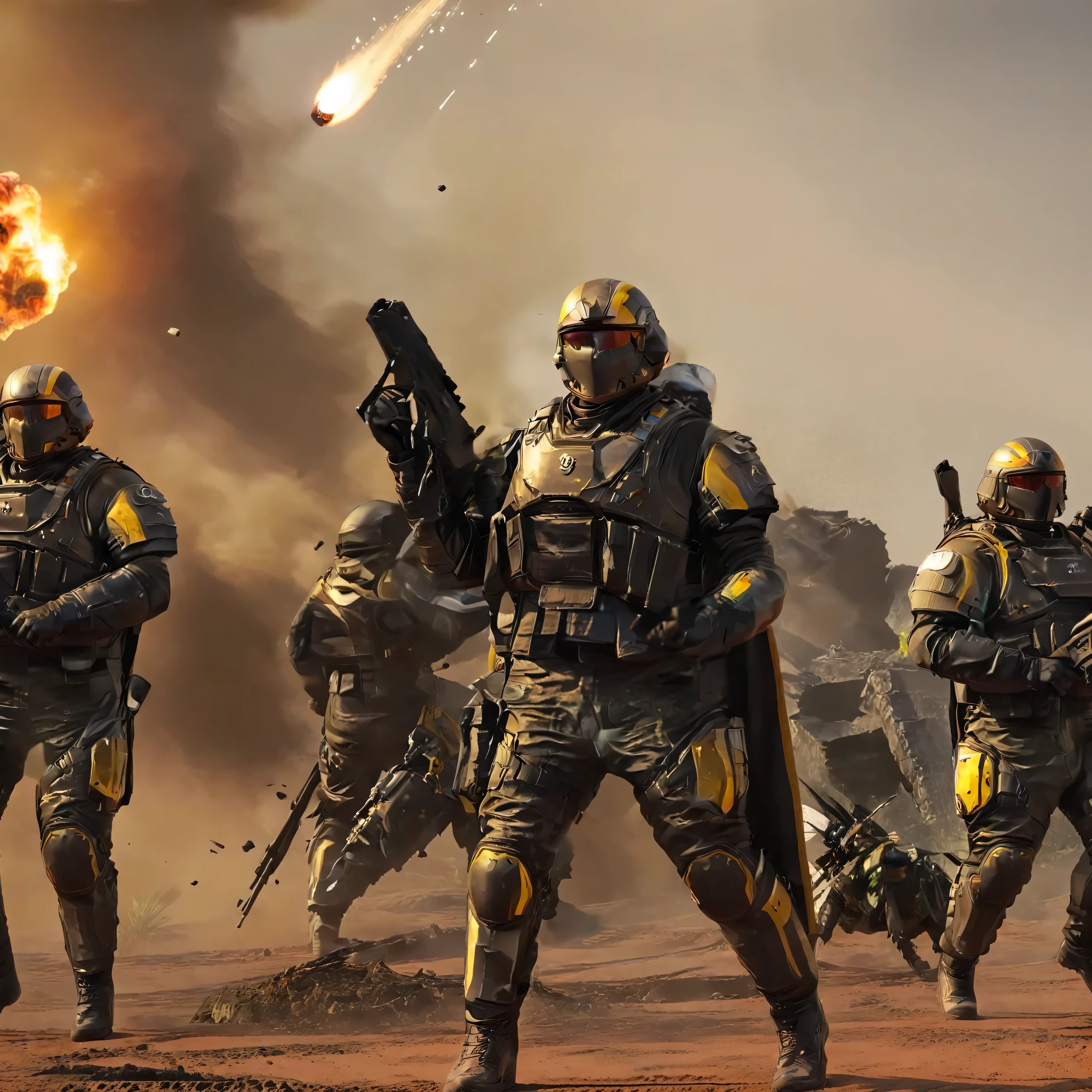 Masterpiece, better quality, ultra high resolution, HDR,  8k resolution,  very detailed sexy female adventurers in armoured with combat injuries, scratched armor, yellow stripes , длинный filthy плащ развевается вправо, filthy, burning landscape with with lots of explosions, holds a beer jug,  dusty atmosphere , meteors falling from the sky, lots of black smoke,  lens flare , rays of god, burning coals everywhere,  falling ash , giant bugs attack her, camera lens effect, Photoshoot, big bright explosions, reflection of light on the body, carpet bombing,  destruction , chaotic, flamethrowers mirror lighting, clear picture, (Helldivers of 4 troopers) 4 Helldivers shooting side by side as a team, shooting alien Arachnids and bugs, helldivers have capes, capes moving in wind, side camera shot, soldiers fighting monster bugs, at war
 