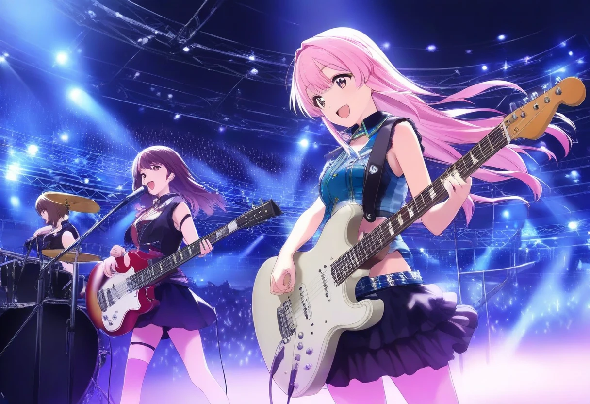 3 girls, anime girls band performance on stage photo, detailed lead singer with long hair and expressive face, band members playing guitar, drum, microphone and stands, musical instruments, plastic type sleeveless vest with side open, plastic type mini skirts with neon line, sexy tattoo on waist, shake the body, physically-based rendering, studio lighting, vivid colors, dramatic lighting, atmospheric fog, neon stage lights, dynamic camera angle, concert hall interior, detailed crowd in audience