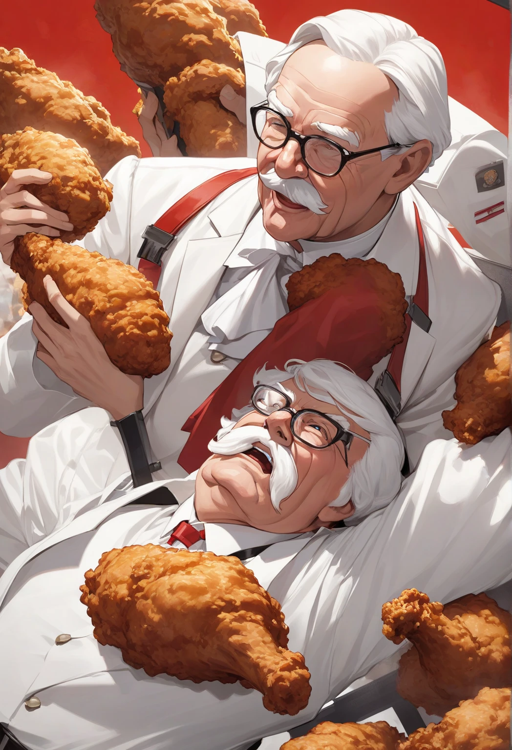 Create an artwork of a muscular KFC Colonel in a seductive pose, bare-chested and holding a tray of KFC fried chicken, potato wedges, and a cola. The food tray should be placed in the center of the frame while the character resembles the iconic figure from Kentucky Fried Chicken's logo,Colonel Harland Sanders.The picture should have the logo of the well-known chain restaurant KFC