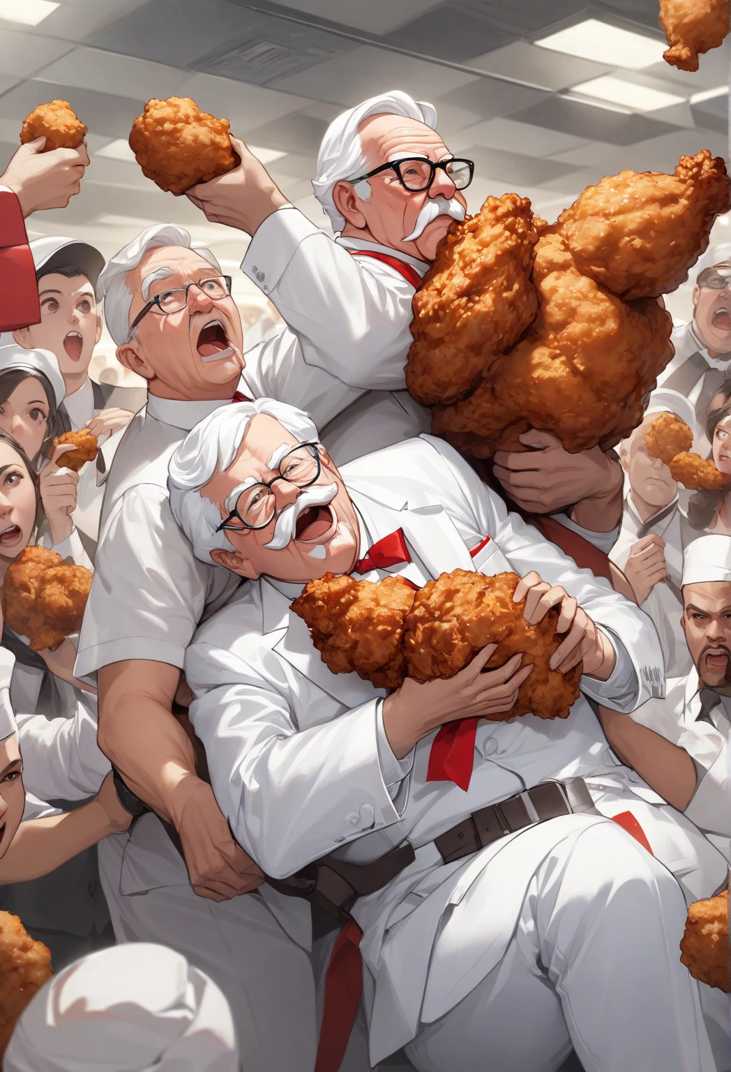 Create an artwork of a muscular KFC Colonel in a seductive pose, bare-chested and holding a tray of KFC fried chicken, potato wedges, and a cola. The food tray should be placed in the center of the frame while the character resembles the iconic figure from Kentucky Fried Chicken's logo,Colonel Harland Sanders.The picture should have the logo of the well-known chain restaurant KFC