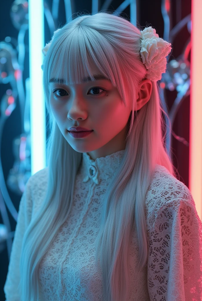 masterpiece, cinematic lighting, UHD, accurate, super detail, high details, high quality, award winning, best quality, highest, 16k, ultra detailed face, ultra detailed eyes, ultra detailed lips, ultra detailed hair, perfect , perfect fingers, Intricate 3d rendering, ultra-detailed beautiful angel of death, biomechanical robot, simulated 150mm lens, beautiful natural soft edge light, neon veins, roots, delicate leaf lace, colorful details, Boris Bidjan Saberi costume, , emphasize cleavage, silver hair, pearl earrings, piercings, art nouveau fashion embroidery, intricate details, mesh lines, Mandelbrot fractals, facial muscles, cables, microchips, villains, surreal, ultra-detailed, octane, volumetric lighting, 8k and post-production, red The white has a little bit of black,  , Metal Skeleton Details, Half-Human, Iridescent, Glenn Brown Style, Futuristic Room, Power of God, High Angle Shot, Complex Body Poses,