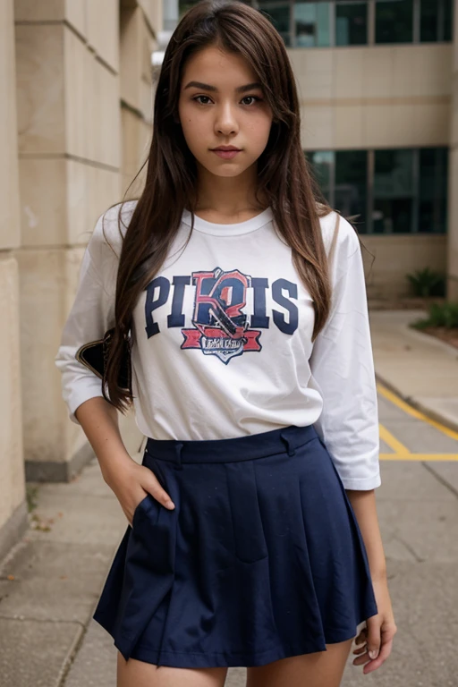Gorgeus Girl, Beautiful, Baby Face, 20 Years Old, White Skin, Beside, Sexy Pose, dark blue t-shirt, Blue Eye, Bokeh, front yard of the house Background, Masterpiece, Fullbody Shot, short pants