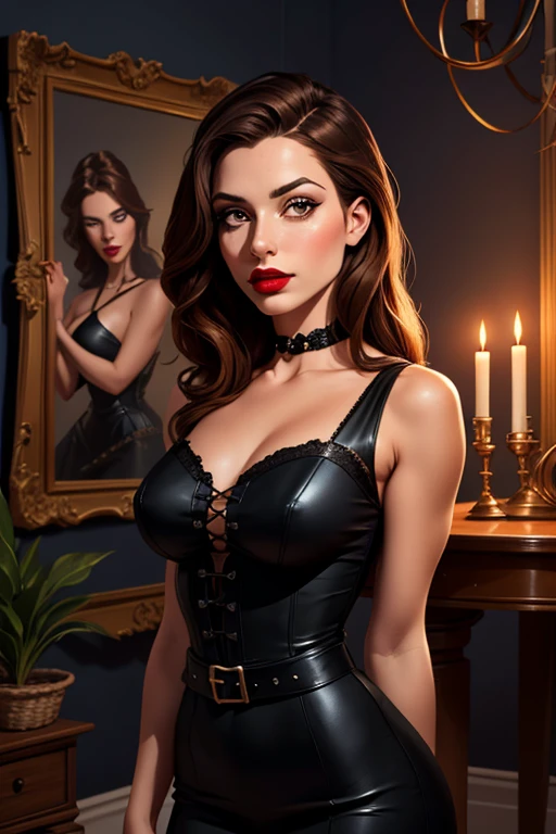 2 heads,Portrait of a 60-year-old woman with short brown hair, a captivating gaze, Brown eyes, Wrinkles on her face, She wears a very sexy black evening dress that reveals big flabby breasts, Light makeup and red lips. 32K