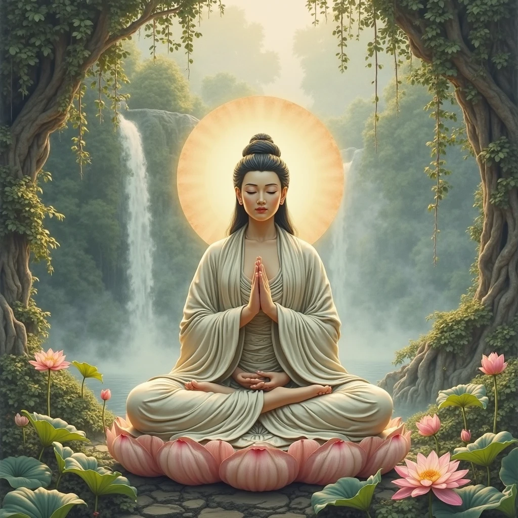 Tara: - A Bodhisattva Bodhisattva with a calm appearance, often depicted with a gentle smile. She can be depicted sitting on a lotus or throne, surrounded by lotus flowers, with a soft green or blue background, symbolizing compassion and protection. In dall e-3 style