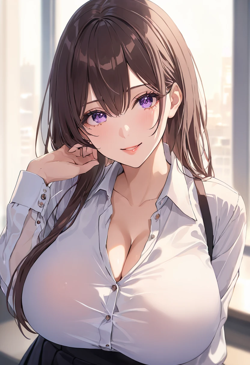 ((masterpiece, best quality, high resolution, ultra high definition, Pixel perfect, depth of field, 4K, RTX, human development report))), 1 girl, single, alone, sexy anime girl, beautiful art style, anime characters,see whole body, ((long hair, Bangs, brown hair)), ((blue eyes:1.4, round eyes, beautiful eyelashes, realistic eyes)), ((Detailed face, blush:1.2)), ((smooth texture:0.75, lifelike质感:0.65, lifelike:1.1, Anime CG style)), medium breasts, dynamic angle, Perfect body, ((portrait, Throw)), ((White shirt, black skirt, Plaid skirt, Black tights)),contented smile, Unbutton your shirt with both hands,(The wind blew over the skirt,Unbutton your shirt with both hands,exposing her chest),Inside the Ferris wheel at night