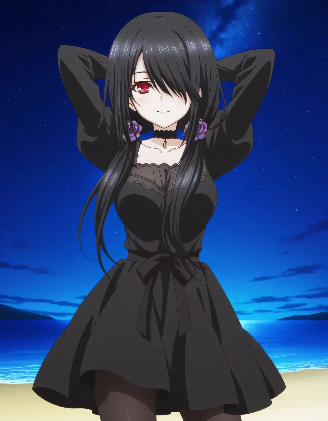 kurumi tokisaki, black hair, red eyes, long hair, hair over one eye, twintails, low twintails, mature female, medium breasts, anime screencap, long sleeves, dress, pantyhose, hair over one eye, black dress, black pantyhose, puffy sleeves, choker, collarbone, skirt, black skirt, flowers, hair flowers, purple flowers, twintails, low twintails, high quality, solo, cowboy shot, (contrapposto), (hands behind head), closed mouth, night sky, beach, looking at viewer, smile, best quality