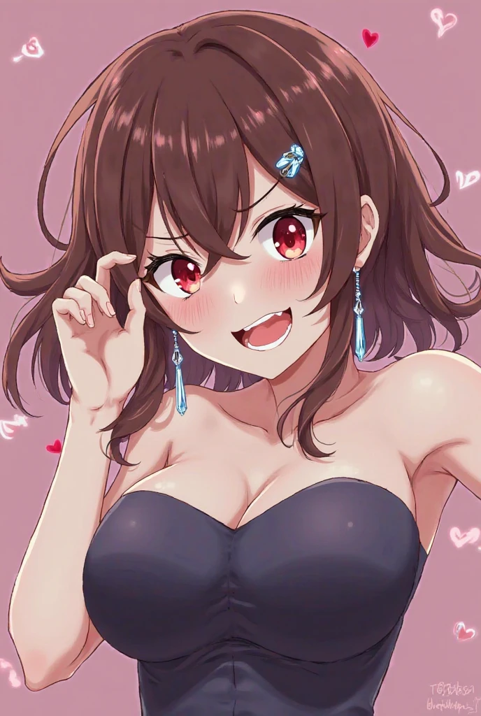 Women, smile, medium breasts, brown long hair, heart shaped pupils, cut top, mini panties