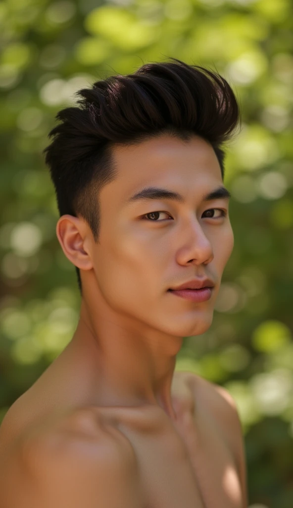 young man topless,straight face,k pop idol,look at viewer,outdoor,beautiful light,deep shadow,best quality,Masterpiece,very high,realistic, brown eye profile,perfect shape, Film texture:1.5, With a summer flower garden as the backdrop., sunlight,Masterpiece, best quality, photorealistic, realistic, hyperrealism, soft focus, shallow depth of field, dynamic light, 75mm, color techniques, Panavision, movie camera, Sharp focus, great details, 8k, realism, realistic, important picture, Film color grading, depth of field