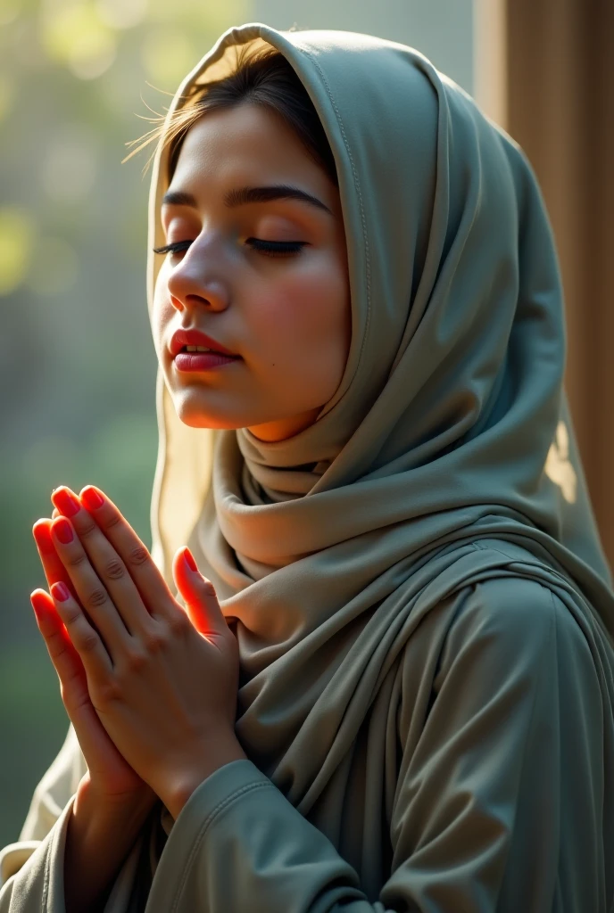 HIJAB GIRL, REALISTIC, PRAYING, CRY, FROM SIDE, PROTAIT, SERENE, MOUNTAIN, SUN RISE