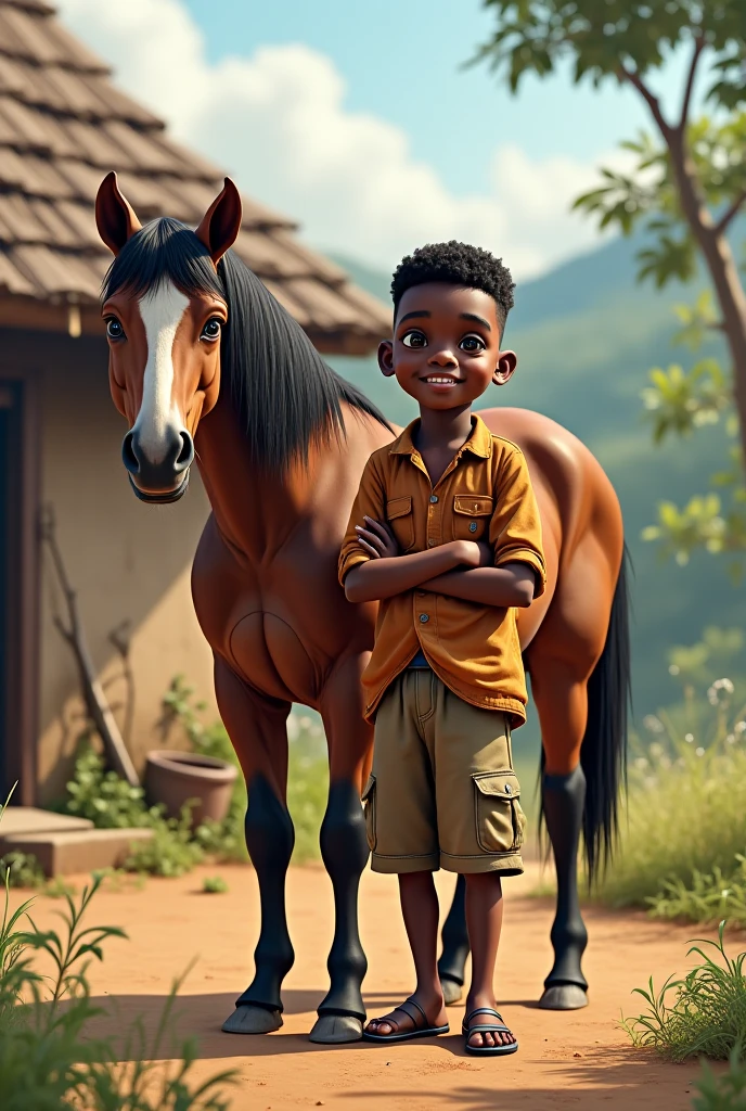 Ilustration beautiful boy black skin, short hair, no shirt, only pant, in century 18, beside white horse , style like cartoon

