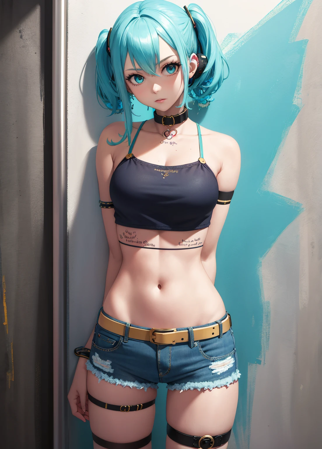 masterpiece,1girl,solo,blue hair,hair intakes,torn clothes, handcuffs, chains,navel,tears,