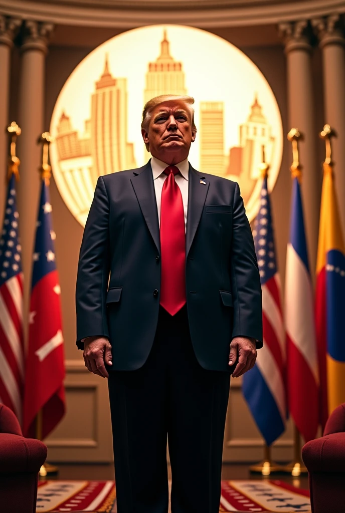 ((Priority focus on a tie pin with the letters "BXX" prominently displayed at the top of Donald Trump's tie:1.5)) Epic cinematic shot of a dynamic masterpiece, best quality, hyper-detailed, ultra-detailed. Donald Trump is wearing a RAL-Bling gold suit, standing with one hand in his pocket, with realistic skin. The background features the US flag, waist shot with a bokeh background. Rembrandt lighting, in motion. Main subject of a high-budget action movie. Raw photo, motion blur, best quality, high resolution, natural evening lighting, shot on Agfa Vista 400, 4k --ar 16:9 --stylize 1000.