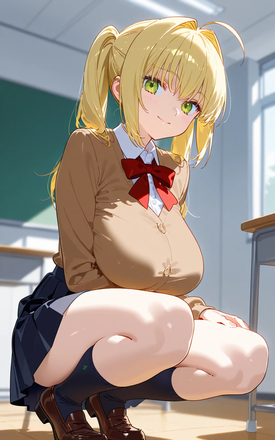 masterpiece,best quality, 1girl, ijichi nijika, bocchi the rock!,nsfw,(school uniform:1.1),classroom,(fellatio gesture:1.2),bukkake,looking at viewer,cleavage cutout,medium breasts,beautiful nipples,cum everywhere,anime keyvisual,sitting,side view,licking her lips,(used condoms:1.2),(seductive smile:1.2),art on blackboard,(spoken pink text)