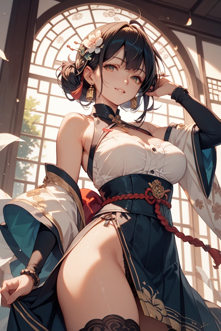 (((beautiful))), ((Brest curtain, Pelvic Curtain, Pink tattoo on lower abdomen)), China dress, Huge breasts, Waistline, belly button, Thighs, ((((Glowing Skin, Wet Skin))), (((Intricate details))), High resolution, ((Intricate details, Ultra-detailed)), whole body, Are standing, Facing forward, Put your hands behind your back, Red cheeks, Black Hair, ceremony, magic circle